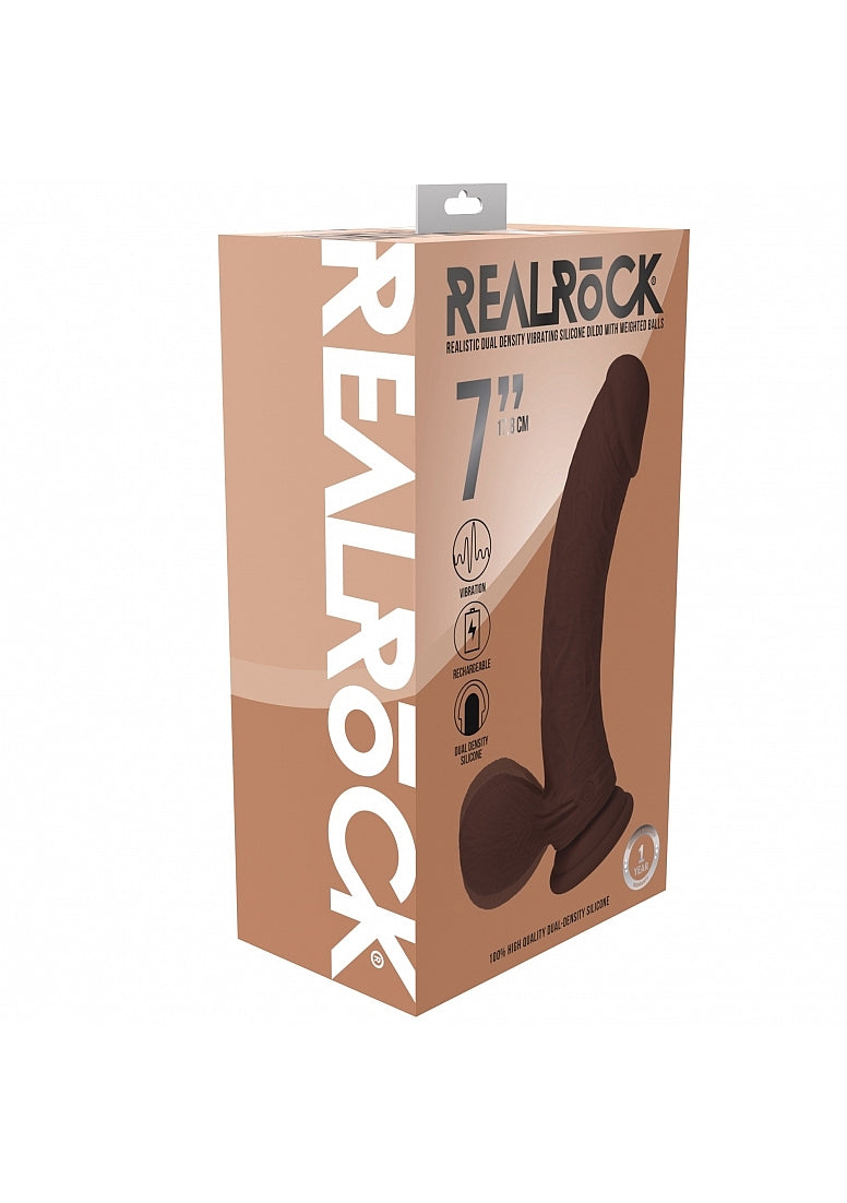RealRock - Rechargeable - Dual Layered - Liquid Silicone - Vibrating - Curved - Weighted Balls 7" - Brown