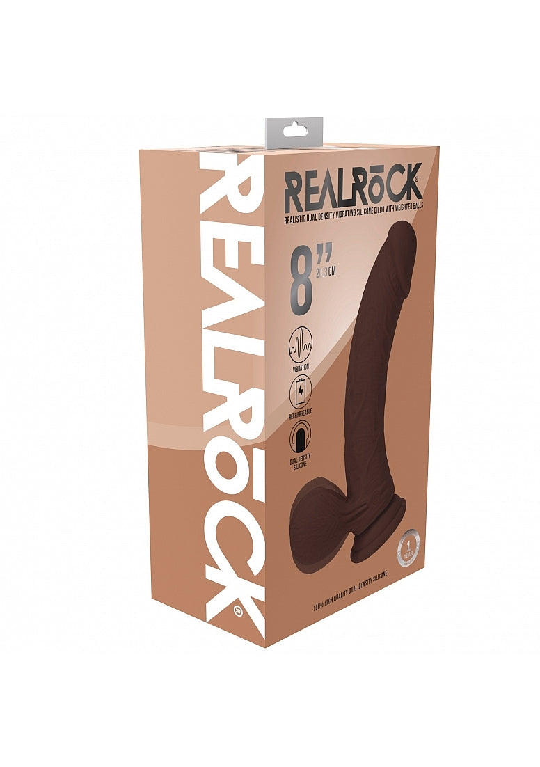 RealRock - Rechargeable - Dual Layered - Liquid Silicone - Vibrating - Curved - Weighted Balls 8" - Brown