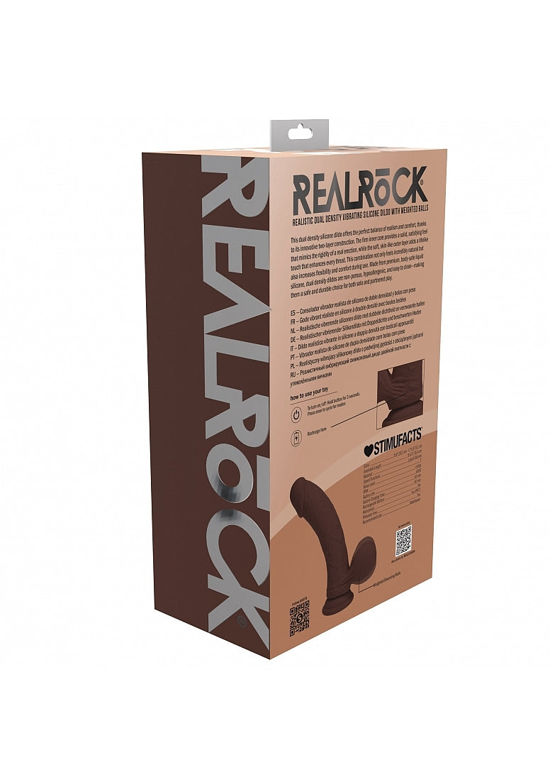 RealRock - Rechargeable - Dual Layered - Liquid Silicone - Vibrating - Curved - Weighted Balls 8" - Brown