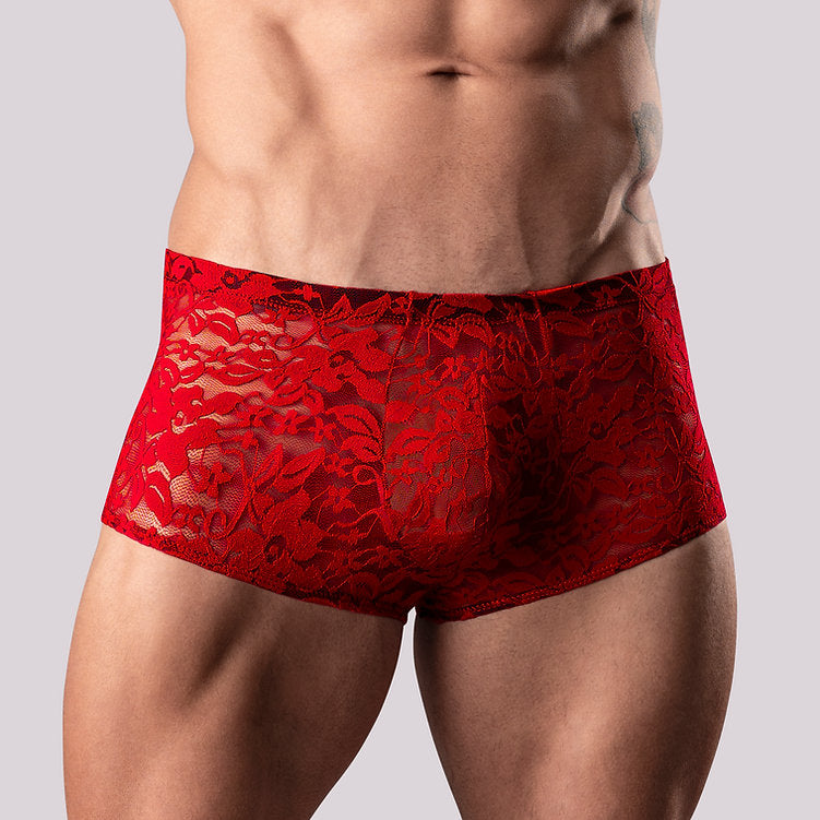 Stretch Lace Mini Short Trunks - Red - S/M
