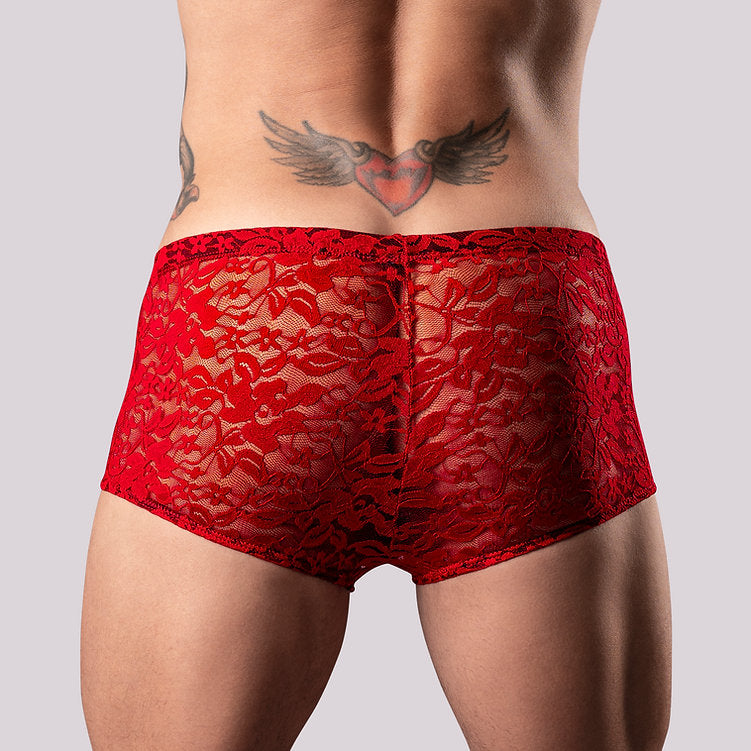 Stretch Lace Mini Short Trunks - Red - S/M